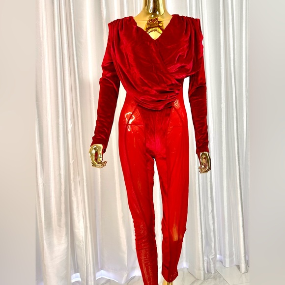 Sexy Red Velvet Sheer Catsuit (sz 10) - Picture 3 of 5